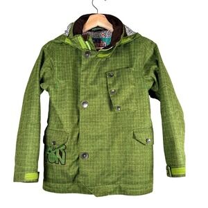 Burton Kids Ski‎ Snowboard Jacket sz 7/8 Green Plaid Waterproof Hooded Insulated